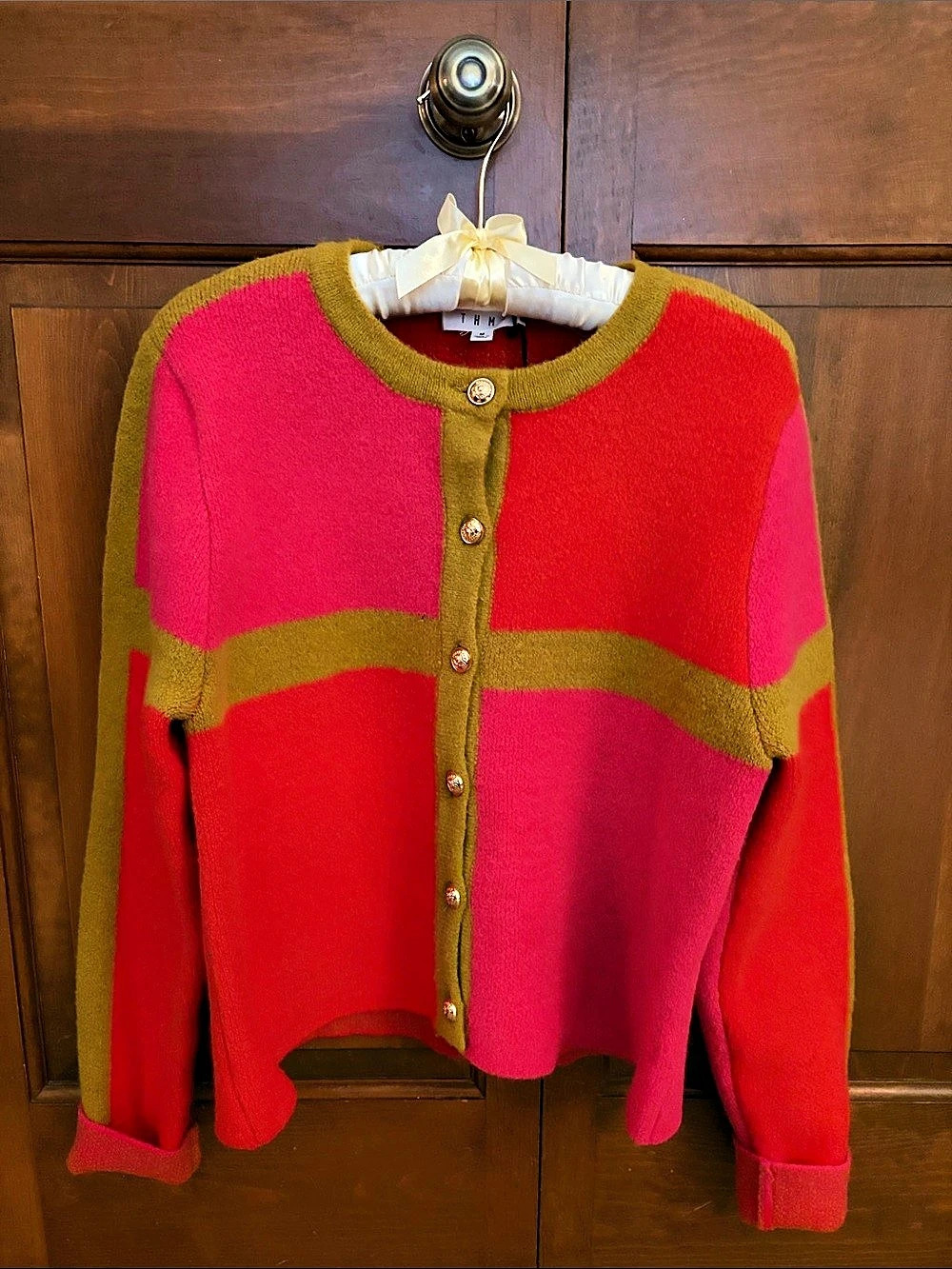 THM Color Block Cardigan in Red & Pink Size Medium NWT